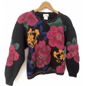 Vibrant Floral Knit Sweater - Pink and Black